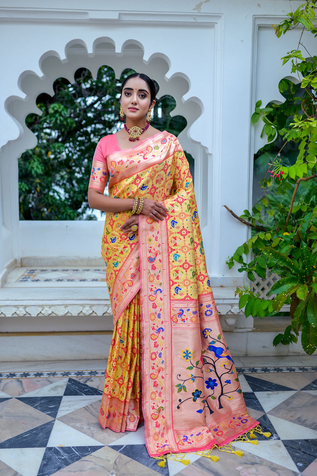Women Paithani Mena 2 Yellow Saree With Unstiched Blouse