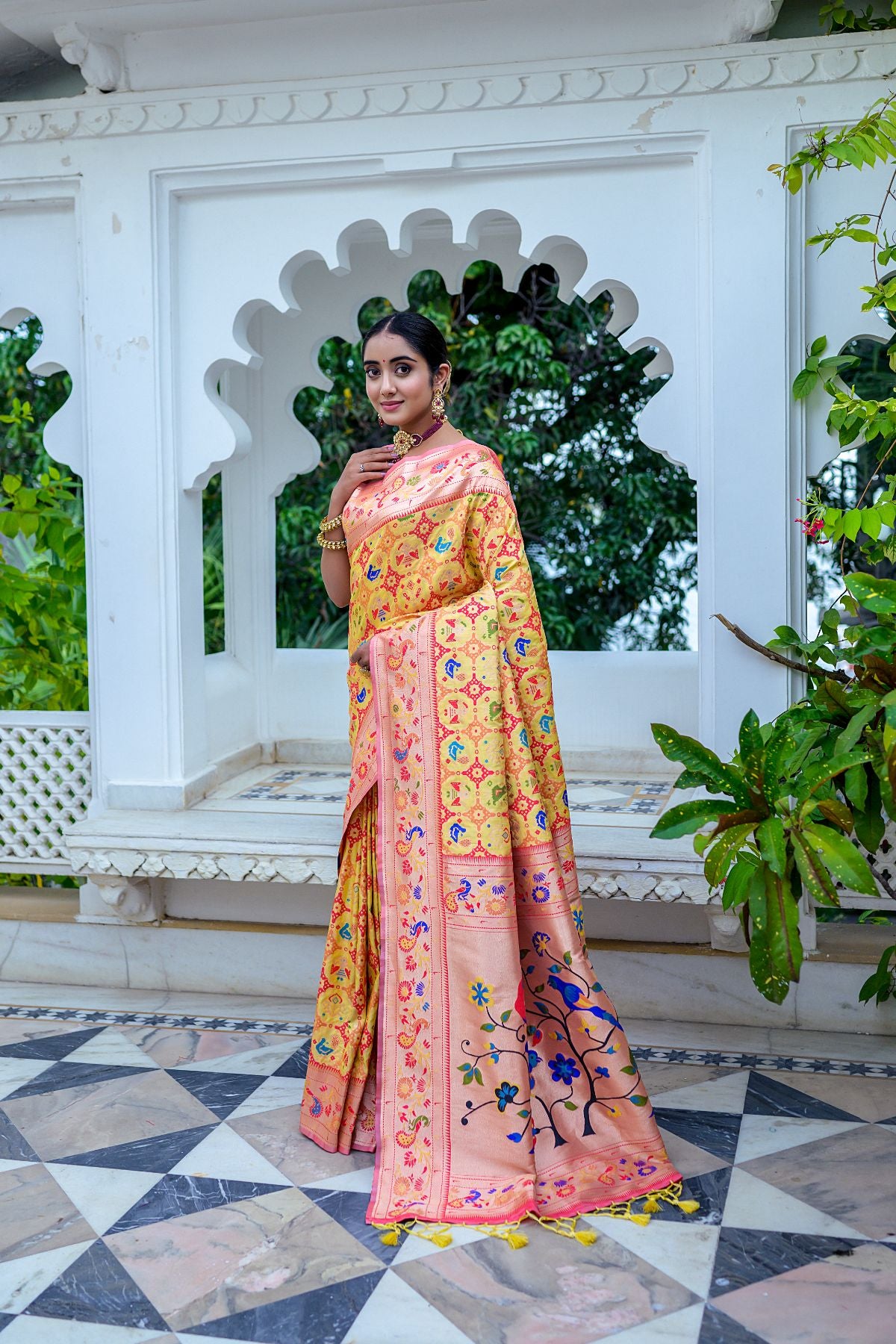 Women Paithani Mena 2 Yellow Saree With Unstiched Blouse