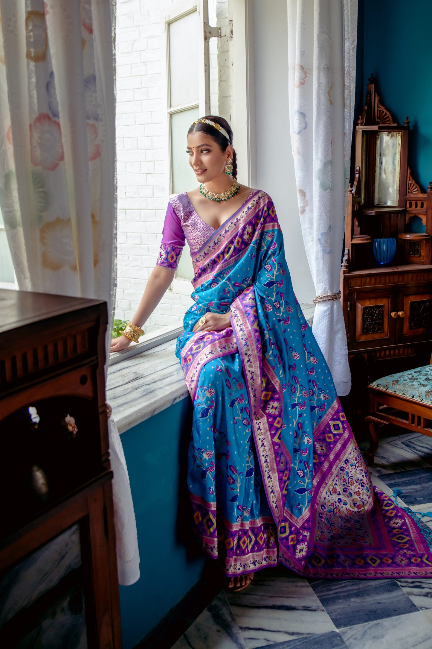 Women Paithani Priti Firozi Saree With Unstiched Blouse