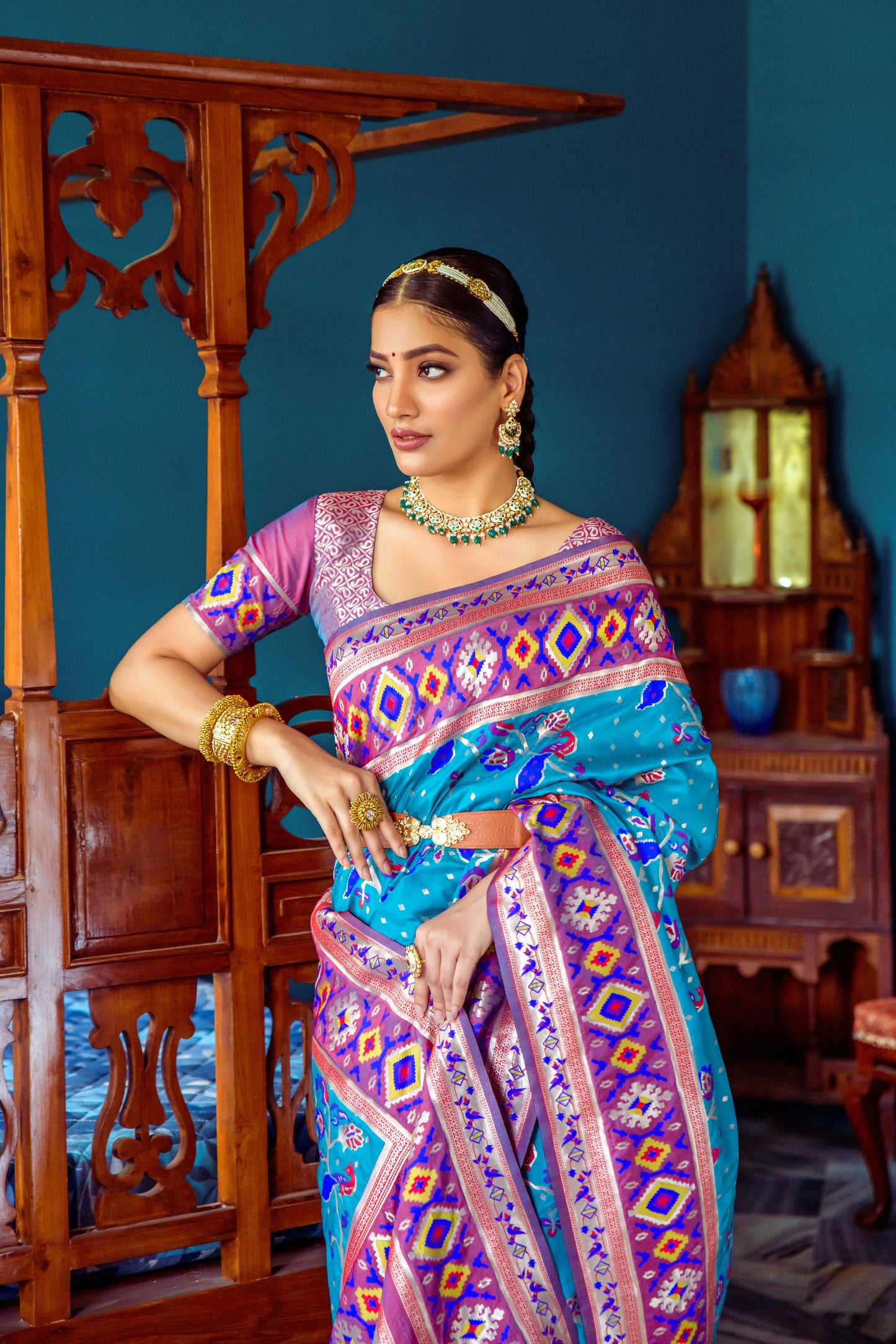 Women Paithani Priti Teal Saree With Unstiched Blouse