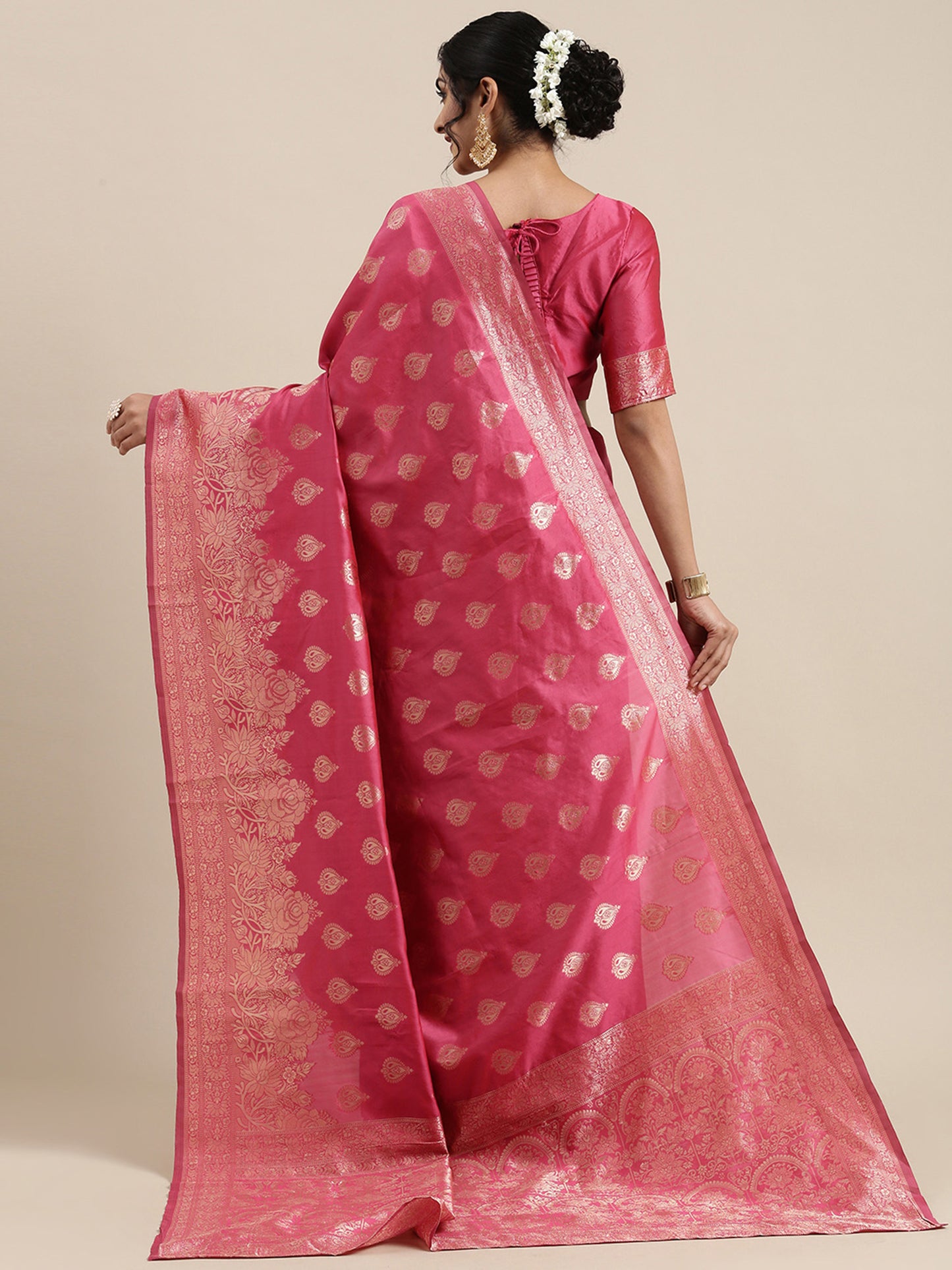 Women's Silk Blend Pink Woven Design Woven saree With Blouse Piece
