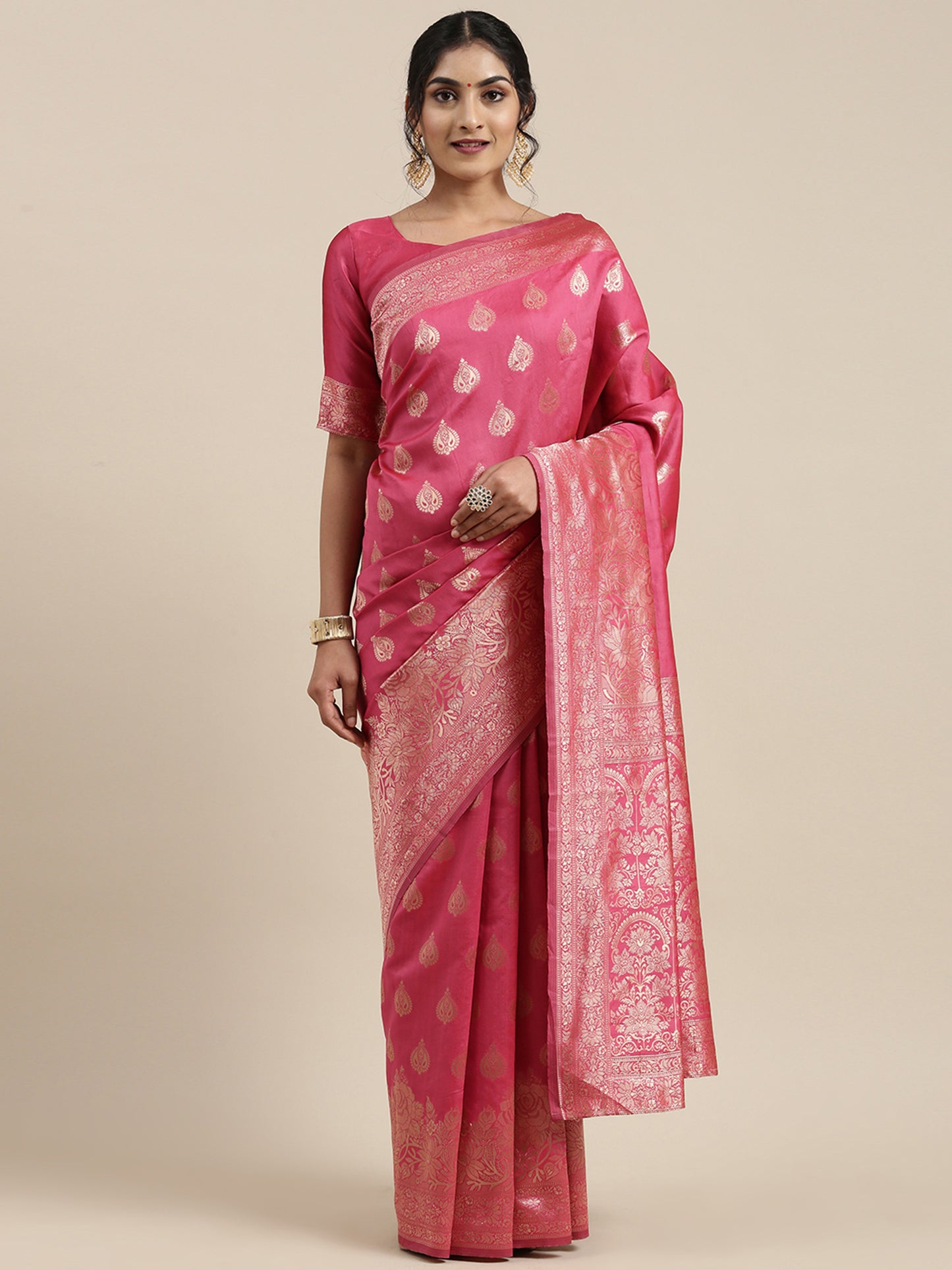 Women's Silk Blend Pink Woven Design Woven saree With Blouse Piece