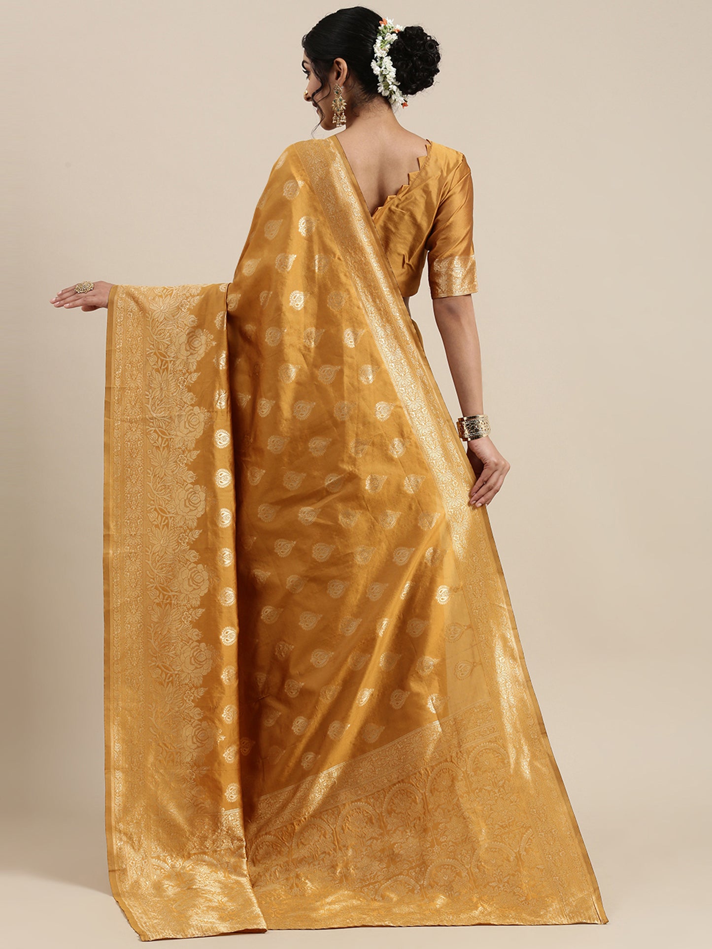 Women's Silk Blend Mustard Woven Design Woven saree With Blouse Piece