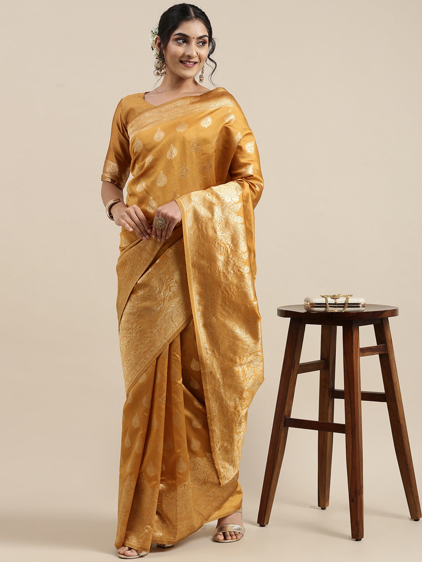 Women's Silk Blend Mustard Woven Design Woven saree With Blouse Piece