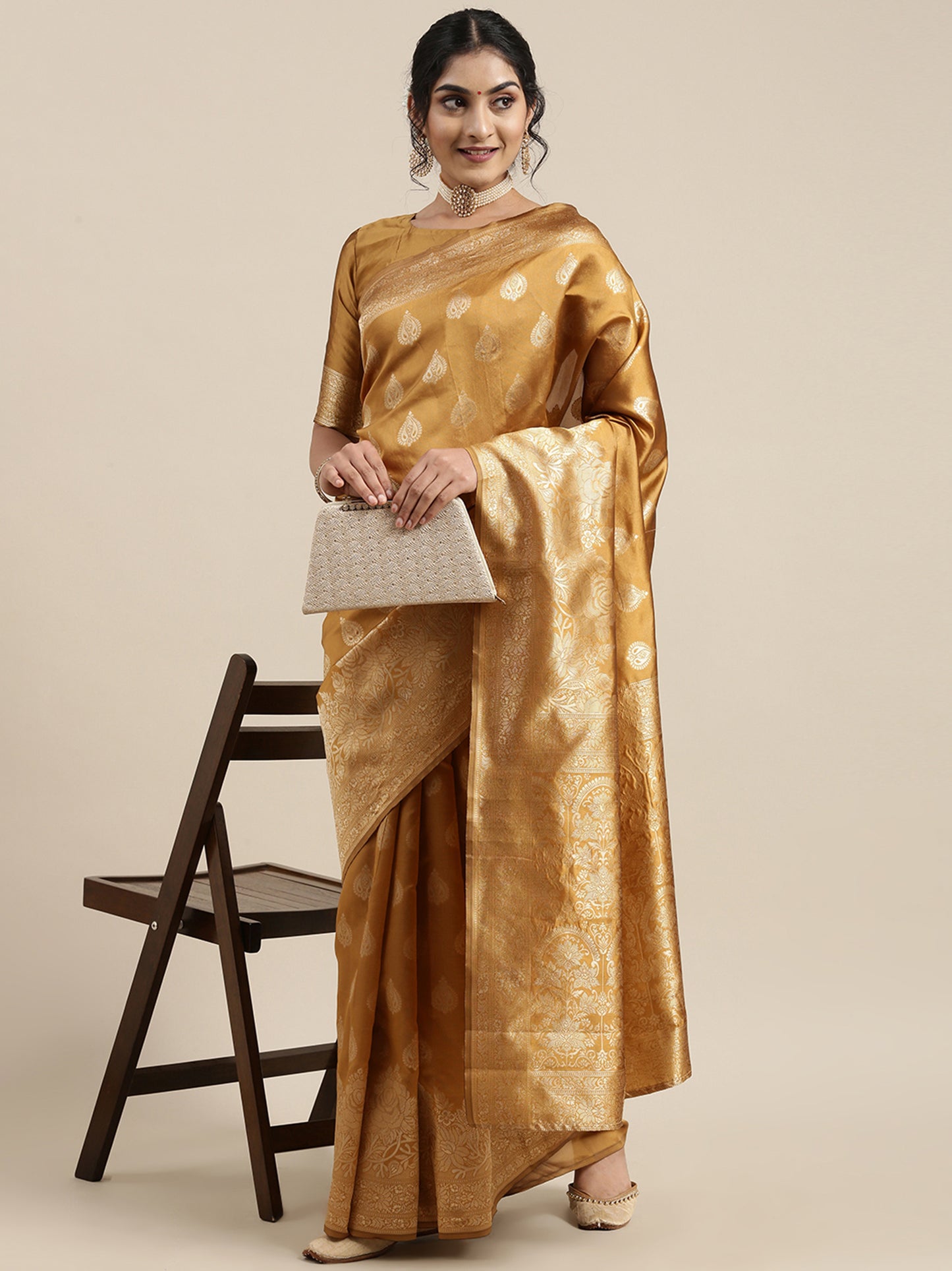 Women's Silk Blend Mustard Woven Design Woven saree With Blouse Piece