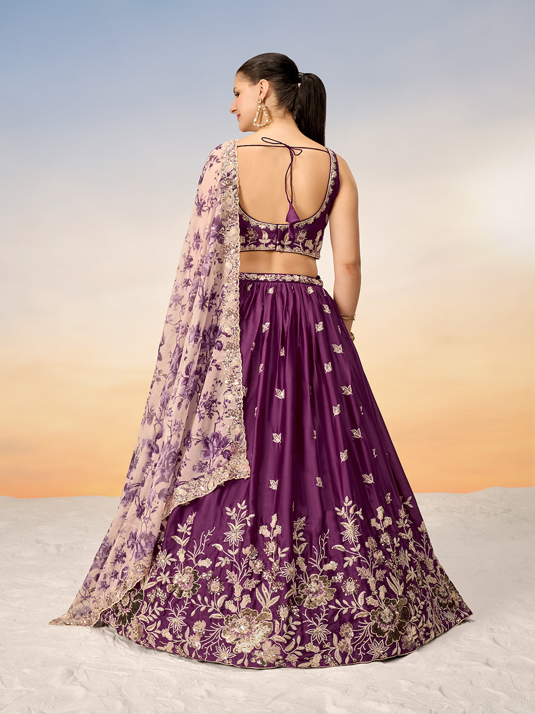 Women Burgundy Satin silk Sequins embroidery Semi-Stitched Lehenga choli & Dupatta