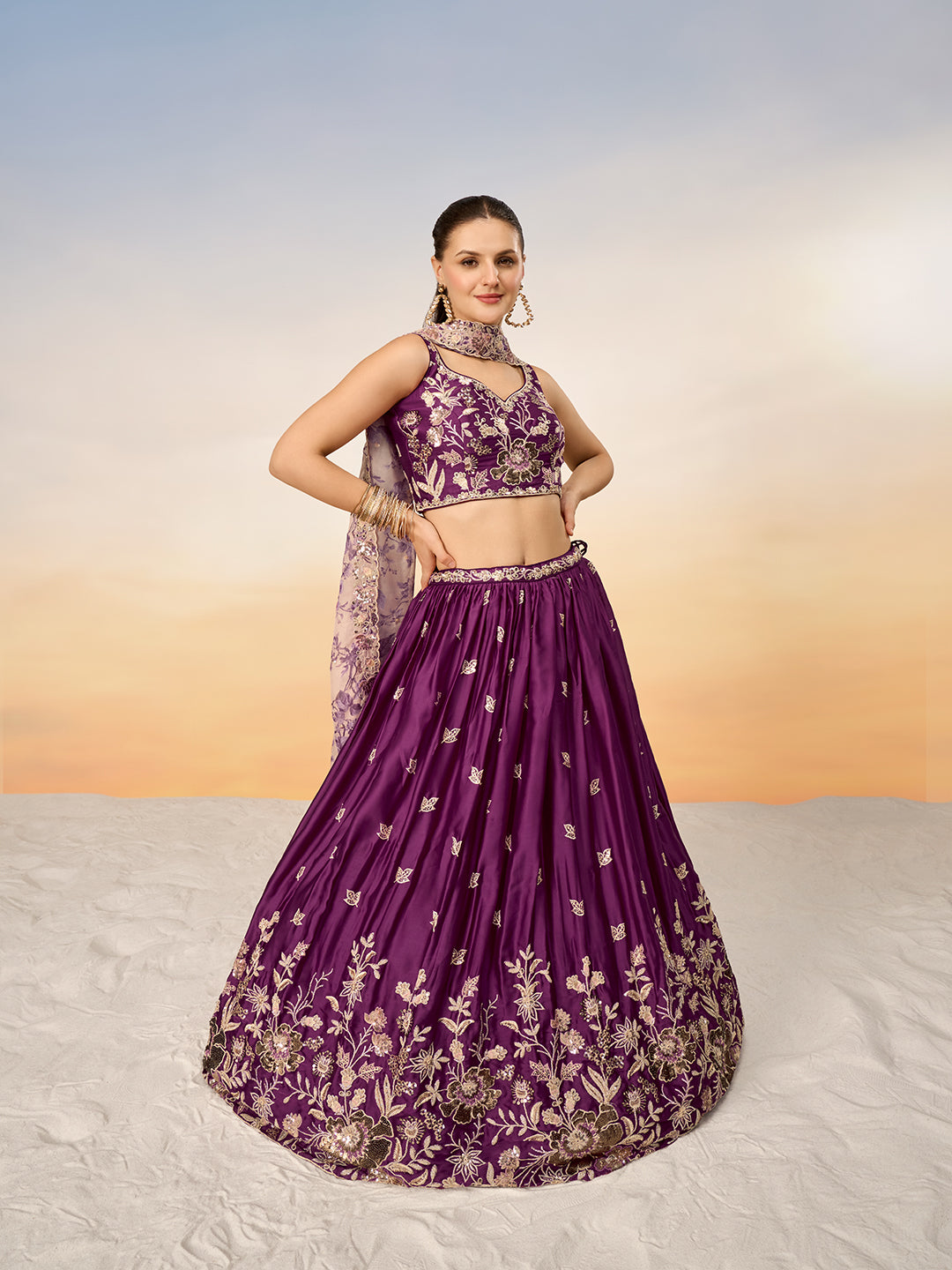 Women Burgundy Satin silk Sequins embroidery Semi-Stitched Lehenga choli & Dupatta