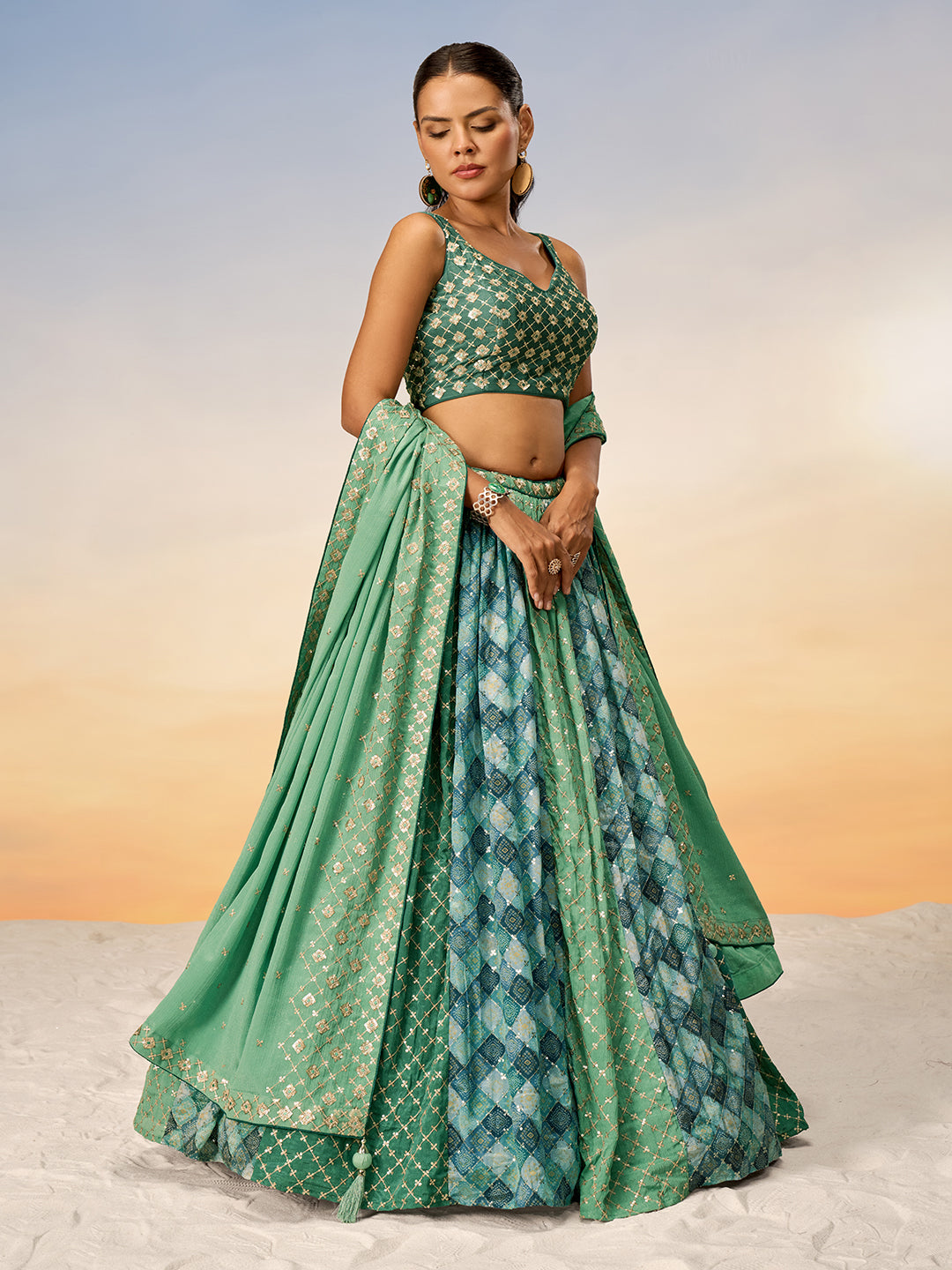 Women Lime Green Pure Chiffon position print with Sequins embroidery Semi-Stitched Lehenga choli & Dupatta