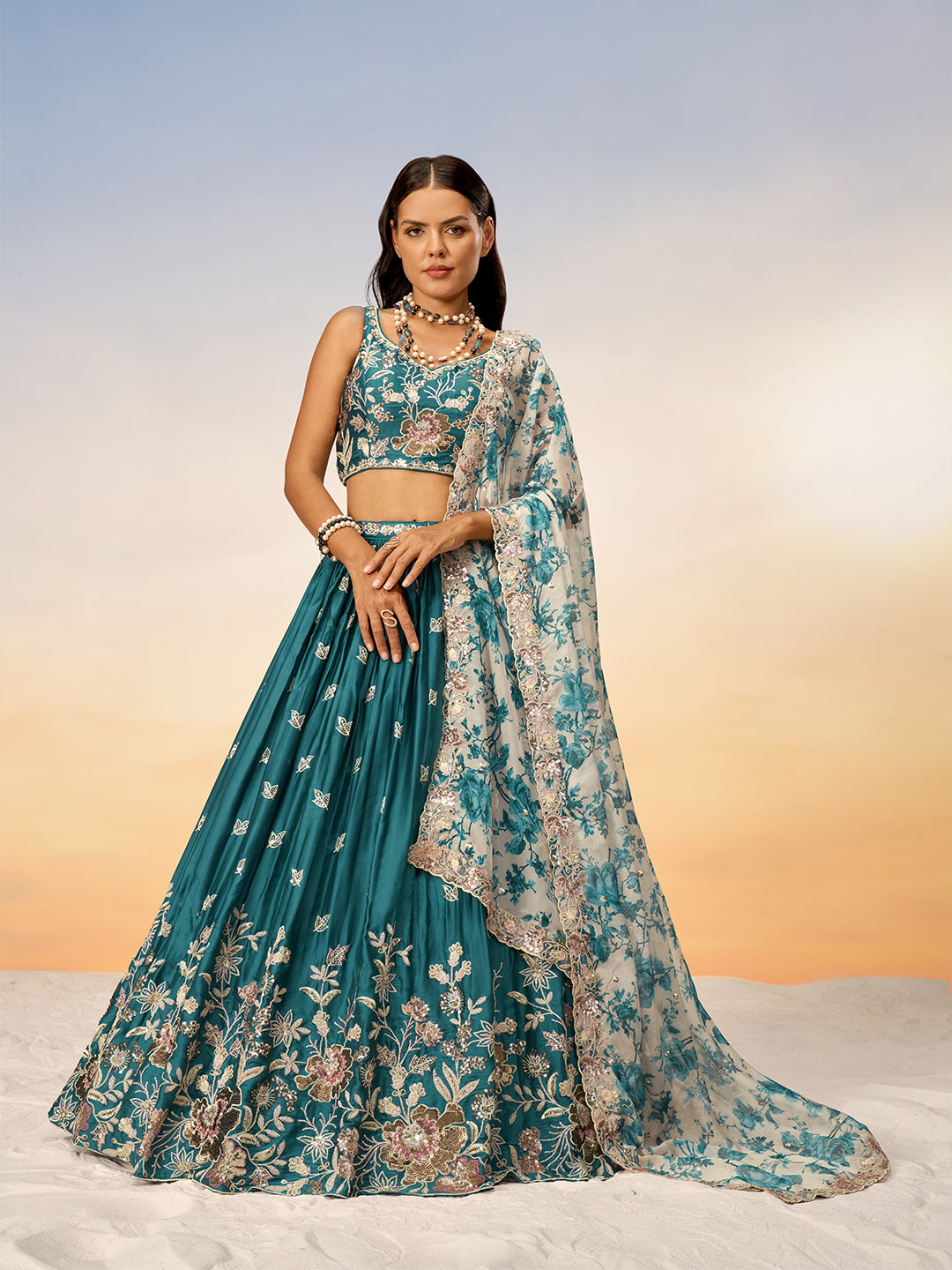 Women Teal Satin silk Sequins embroidery Semi-Stitched Lehenga choli & Dupatta