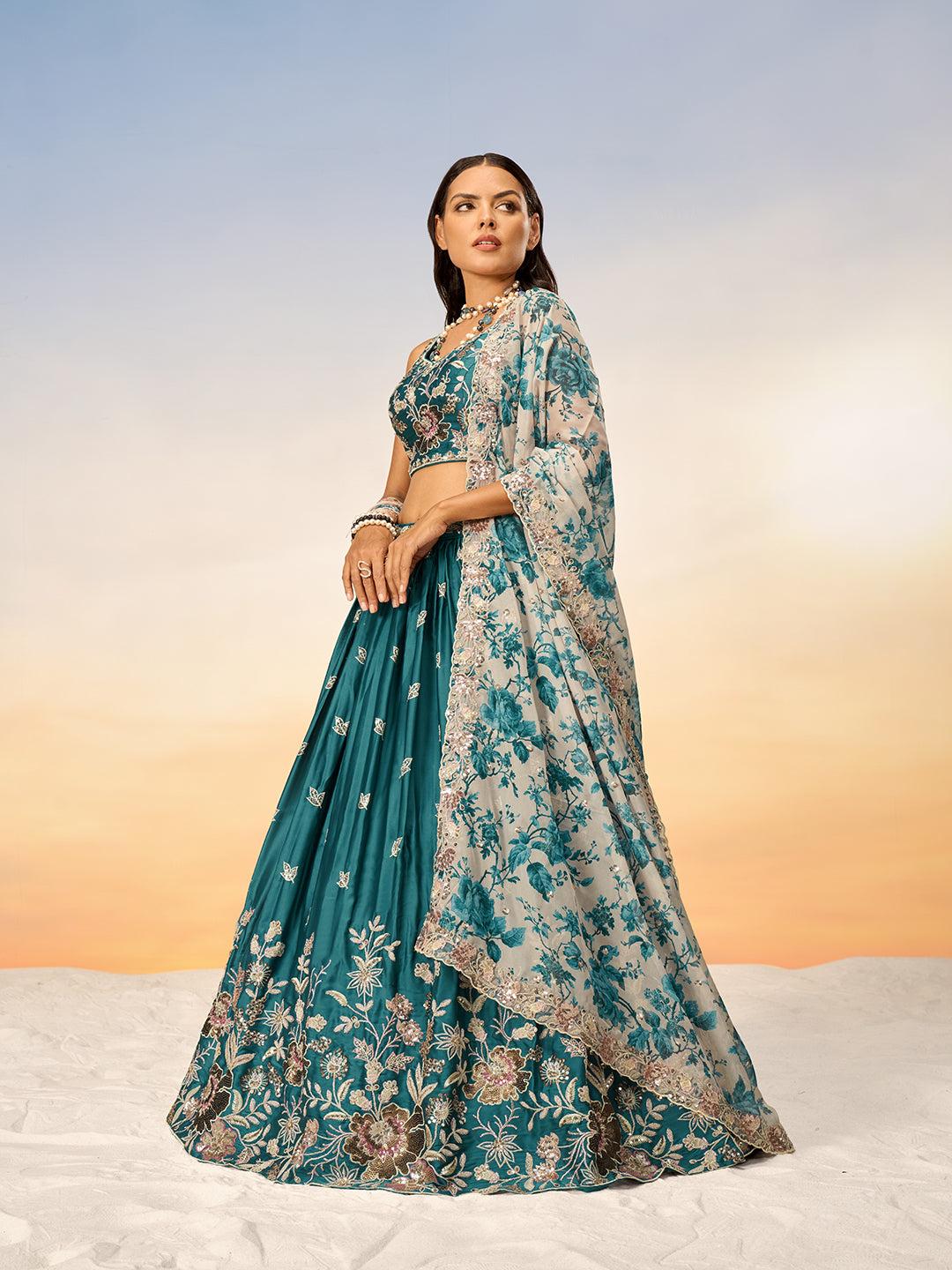 Women Teal Satin silk Sequins embroidery Semi-Stitched Lehenga choli & Dupatta