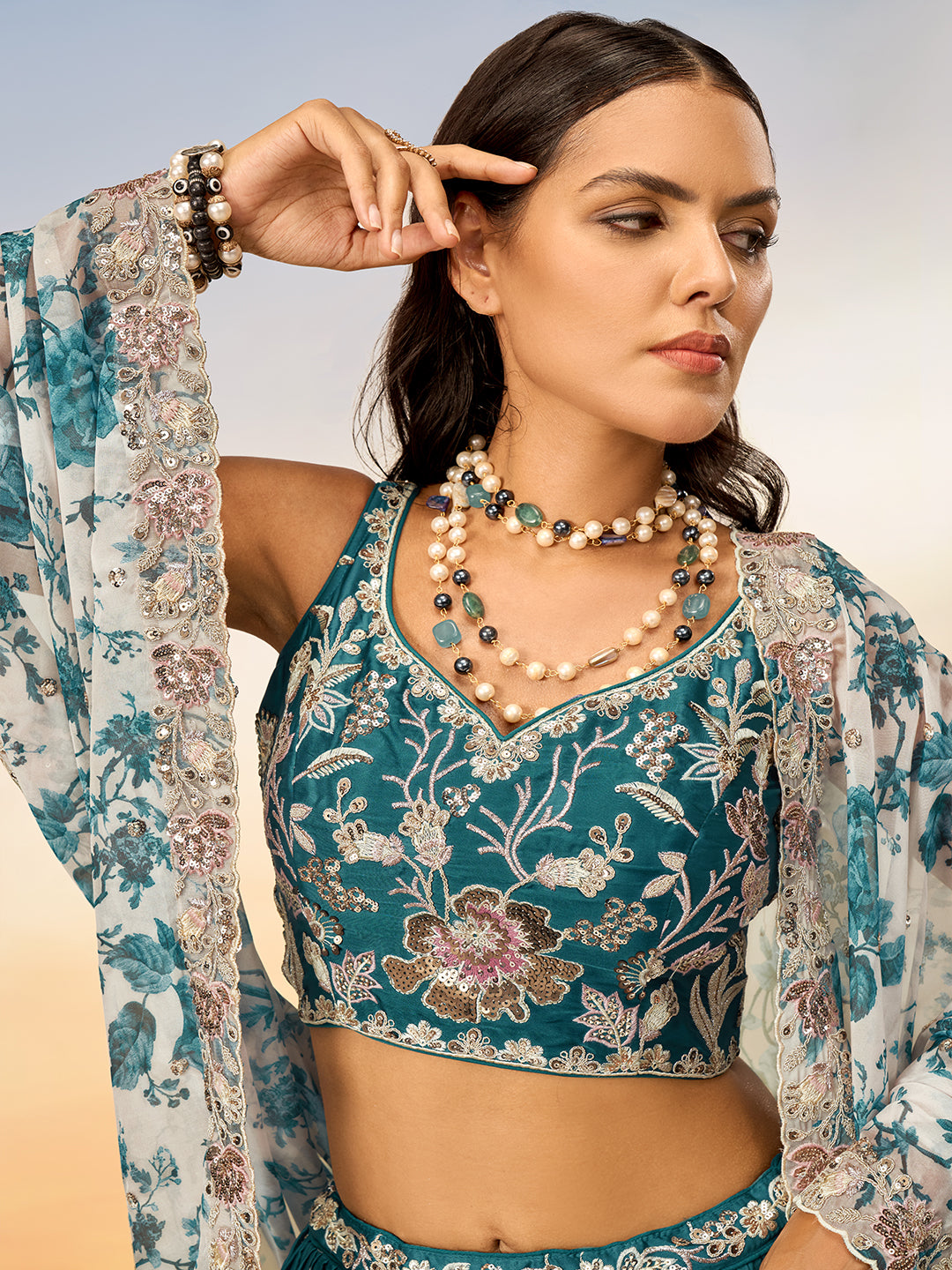 Women Teal Satin silk Sequins embroidery Semi-Stitched Lehenga choli & Dupatta