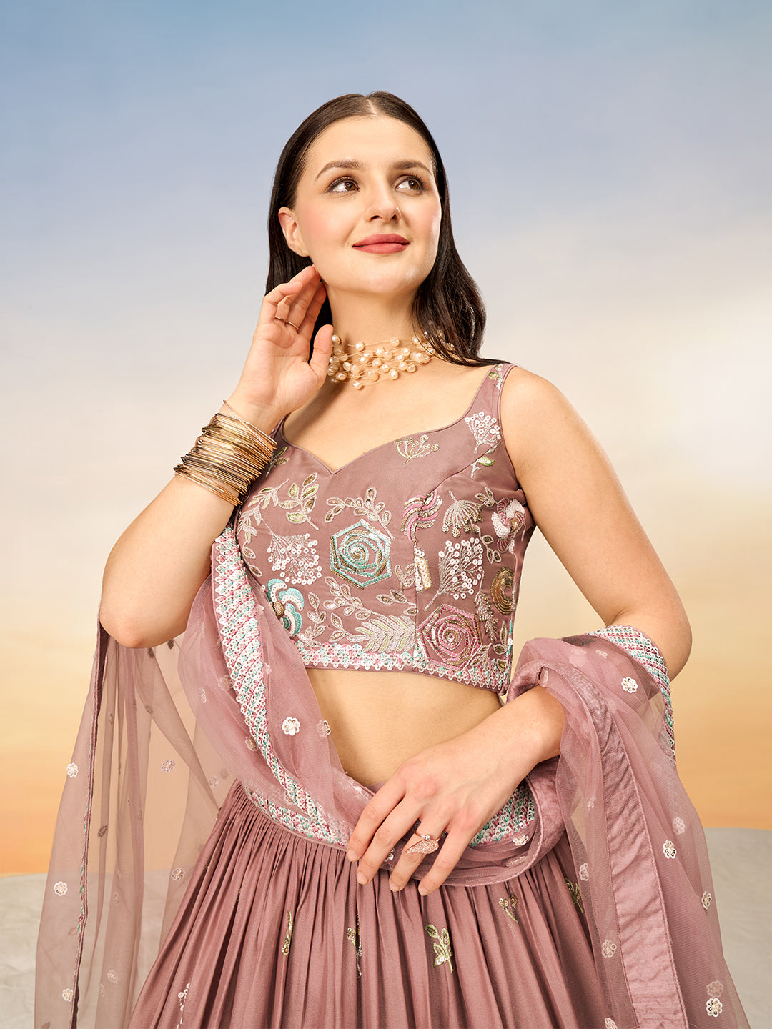 Women Rose gold Pure Georgette Sequins embroidery Semi-Stitched Lehenga choli & Dupatta