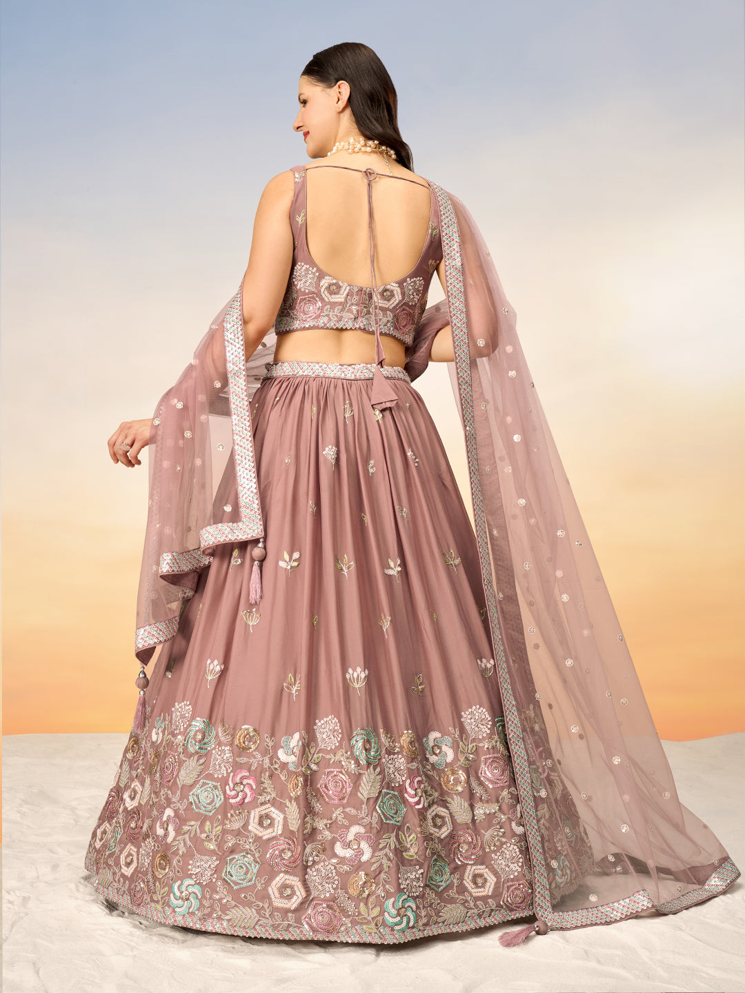 Women Rose gold Pure Georgette Sequins embroidery Semi-Stitched Lehenga choli & Dupatta