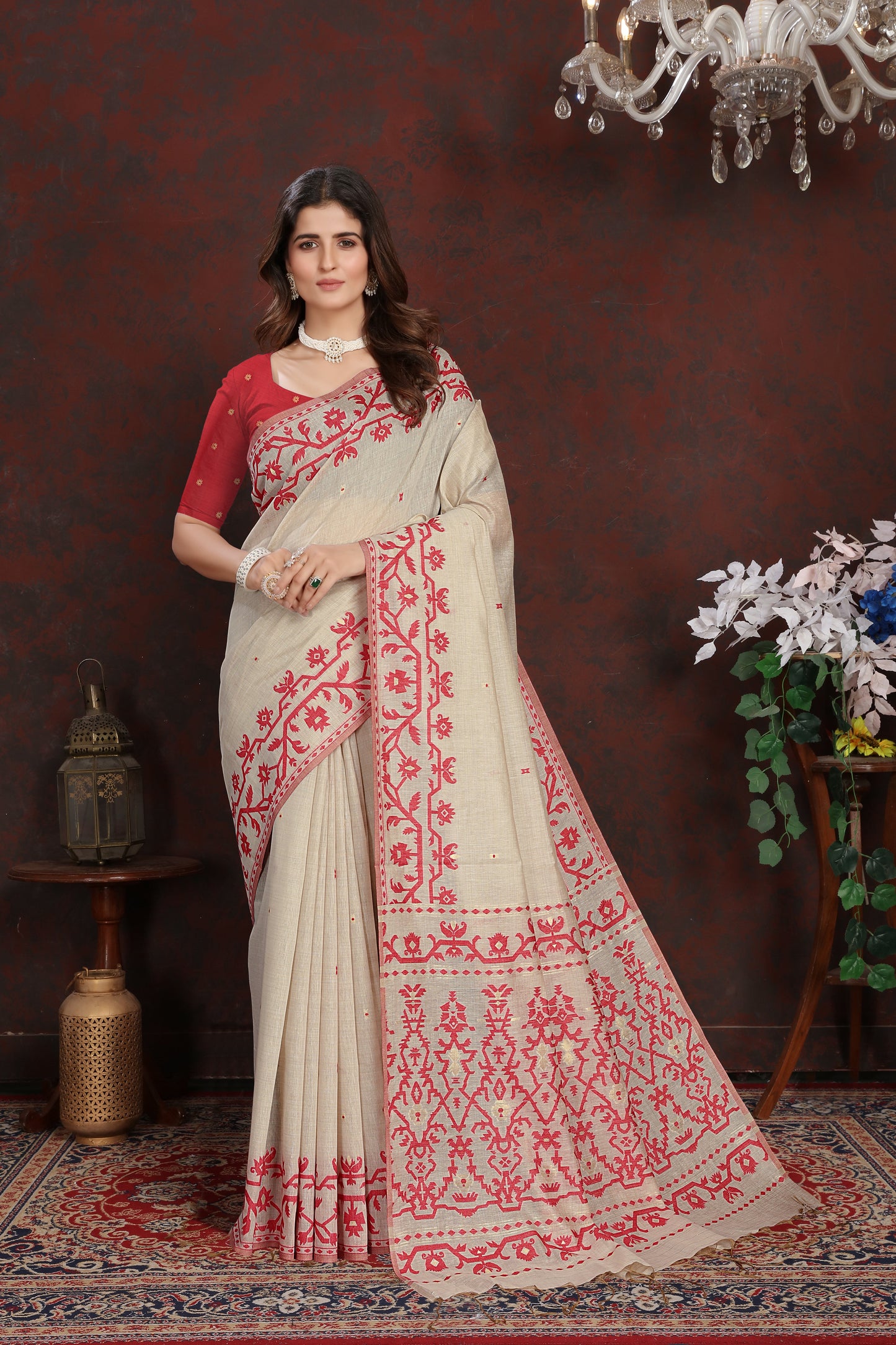 Dhiyona GR Women's Panghat Cherry Red Pure Mul Cotton Jamdani Saree