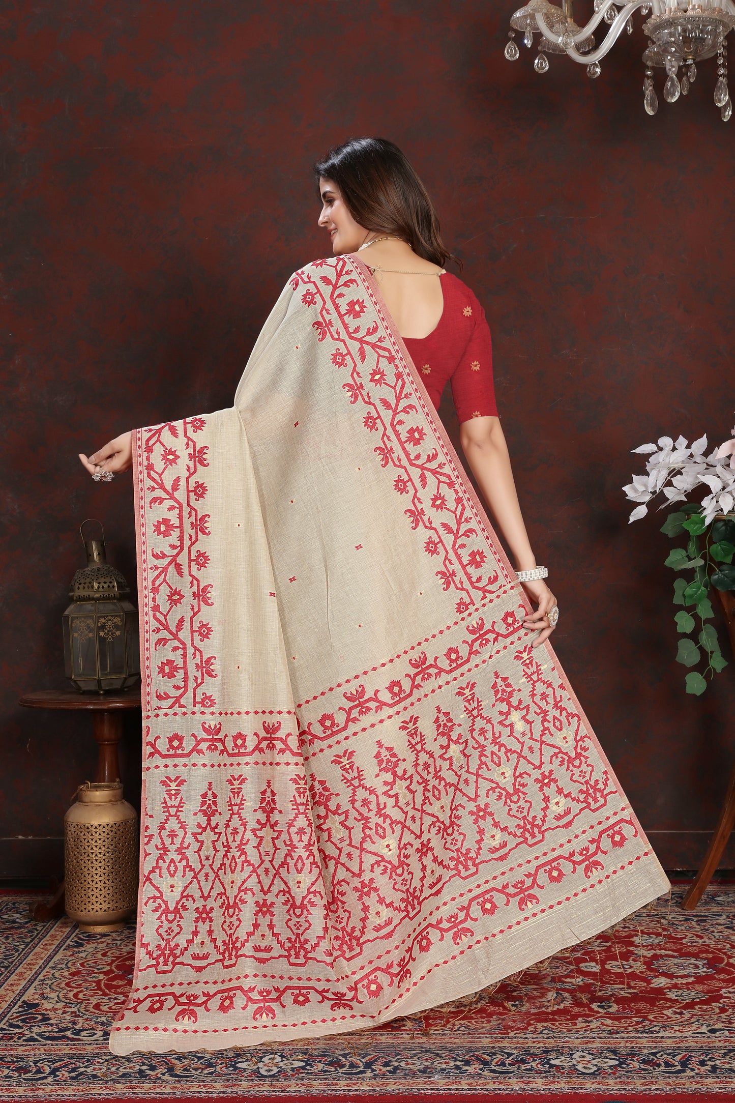 Dhiyona GR Women's Panghat Cherry Red Pure Mul Cotton Jamdani Saree