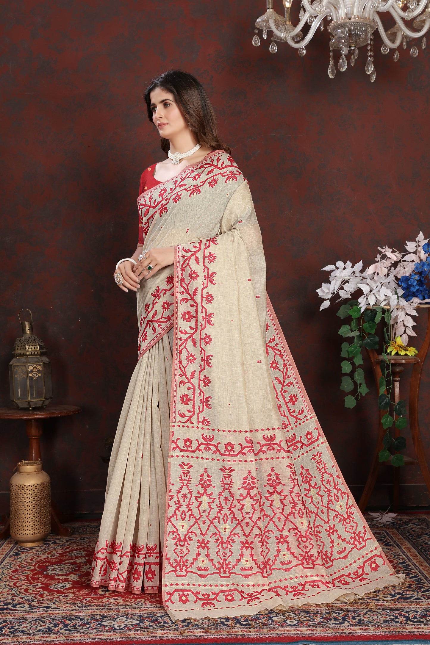 Dhiyona GR Women's Panghat Cherry Red Pure Mul Cotton Jamdani Saree