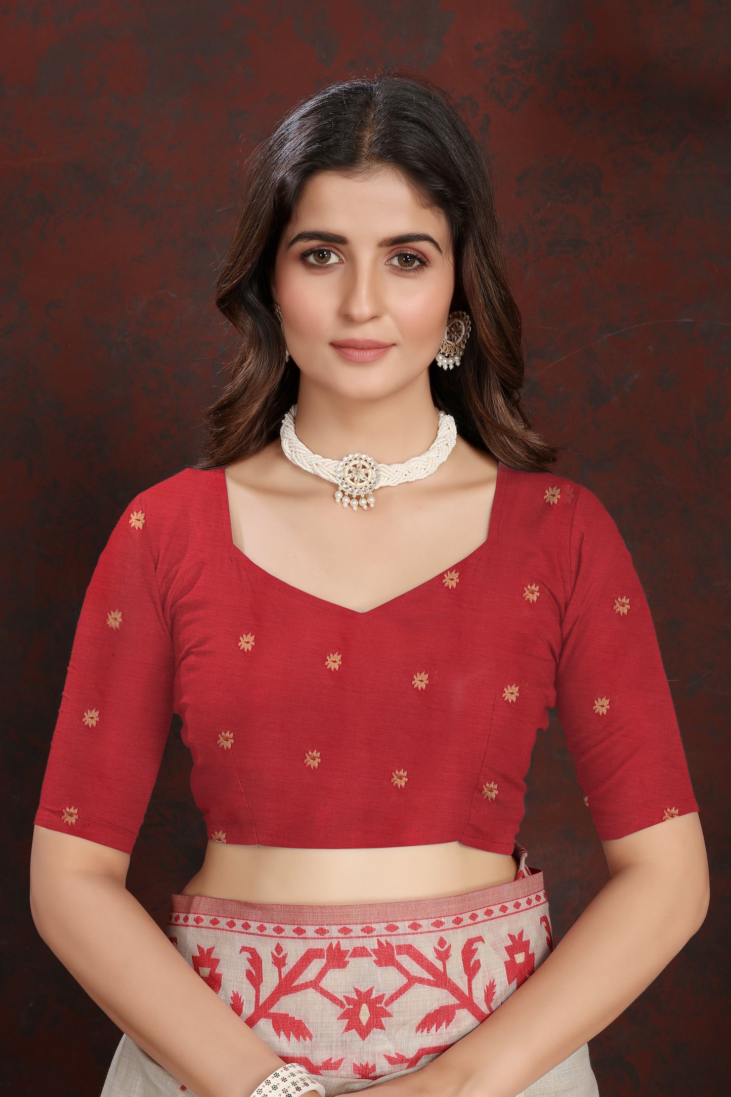 Dhiyona GR Women's Panghat Cherry Red Pure Mul Cotton Jamdani Saree