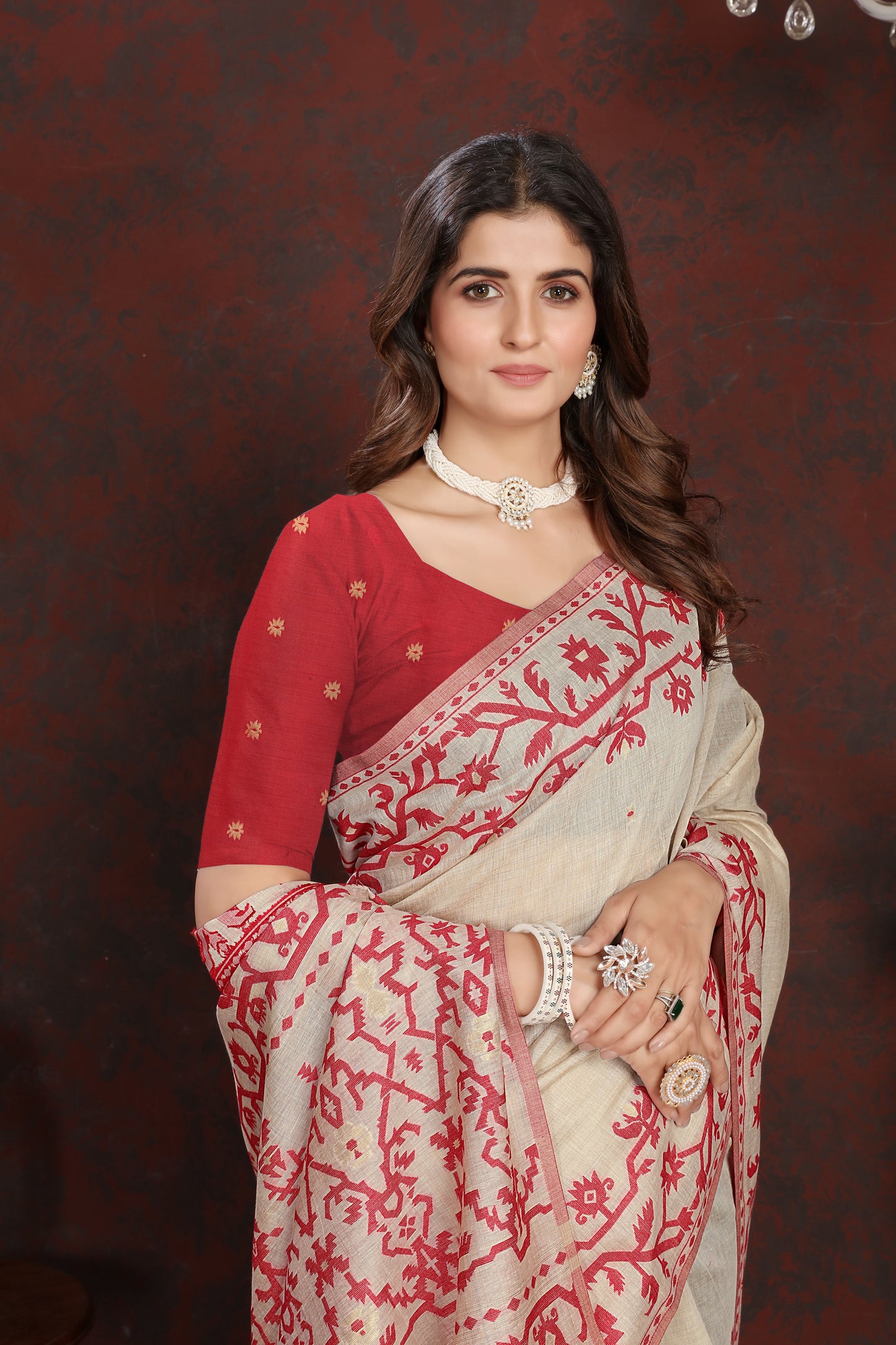 Dhiyona GR Women's Panghat Cherry Red Pure Mul Cotton Jamdani Saree