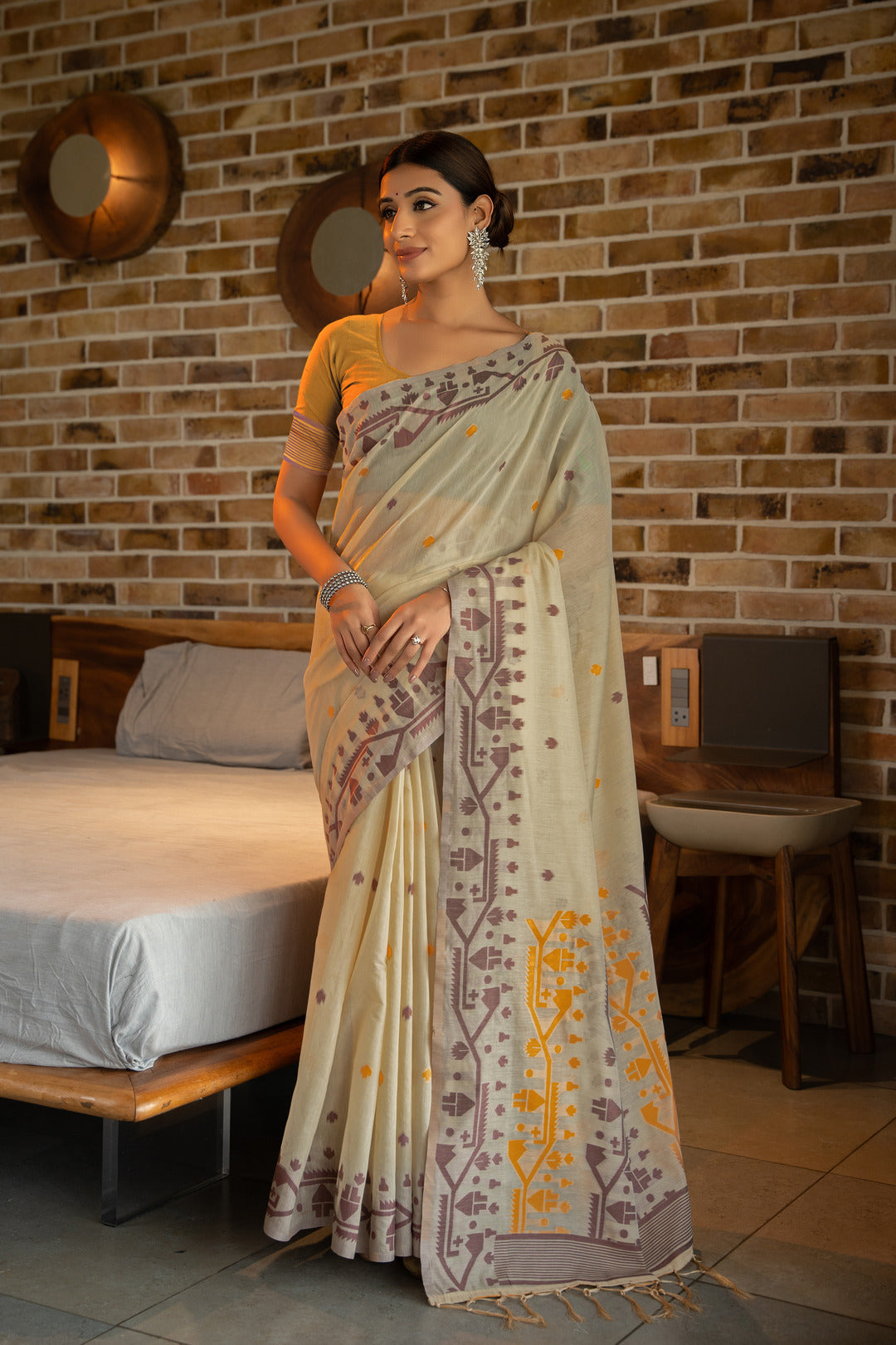 Dhiyona GR Women's Pankti Amber Yellow Cotton Jamdani Saree