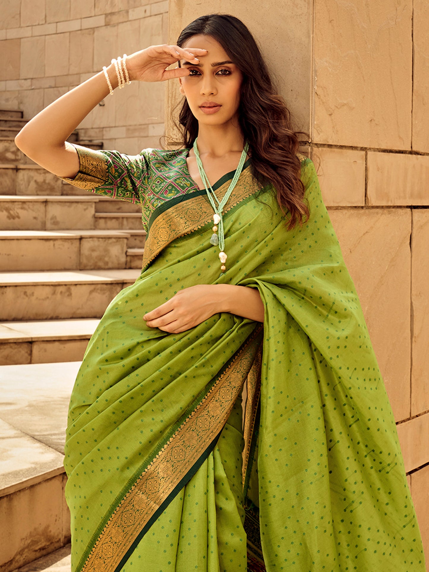 Women's Silk Blend Light Green Woven Design Designer Saree With Blouse Piece