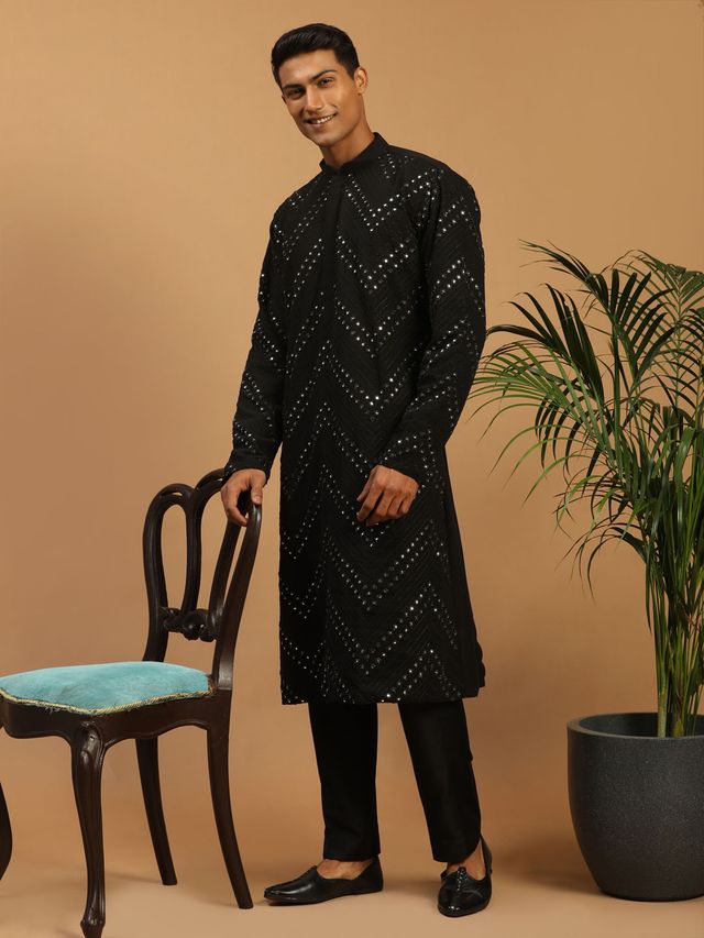 Men's Black Georgette Straight Kurta Pyjama Set
