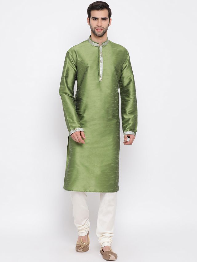 Men's Green Cotton Silk Straight Kurta Pyjama Set
