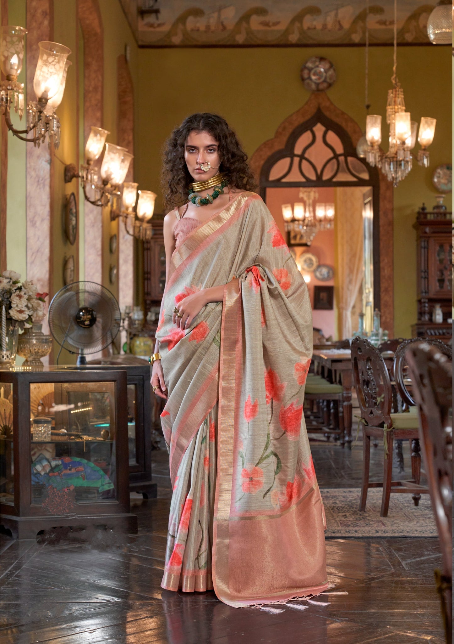 Dhiyona GR Women's Blush Peach & Grey Banarasi Digital Soft Silk Saree