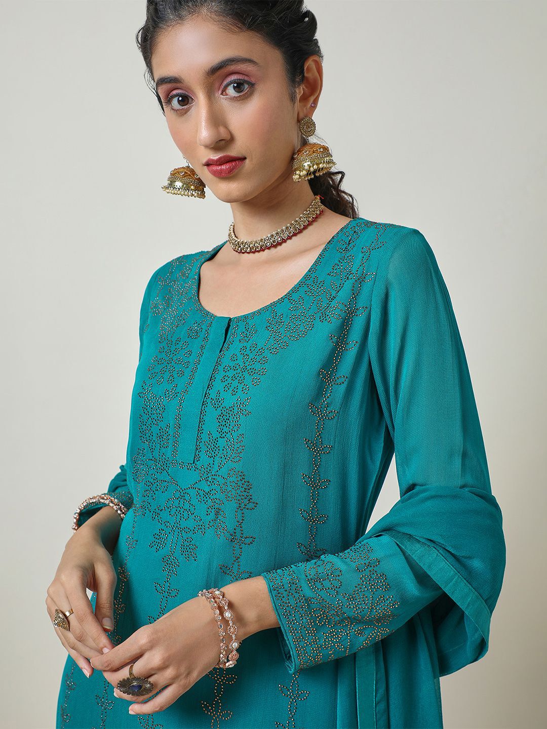 Dhiyona SO Women's Floral Embroidered Beads and Stones Straight Kurti with Sharara & Dupatta