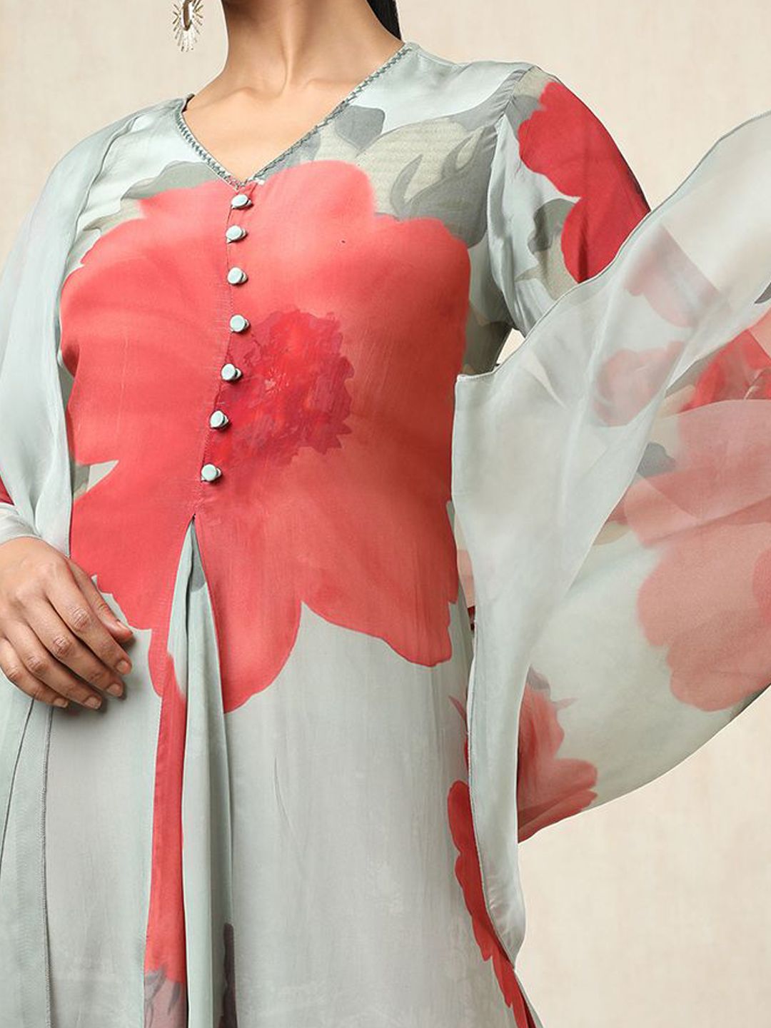 Dhiyona SO Women's Floral Botanical Printed Pleated V-Neck A-Line Kurta With Trousers And Dupatta