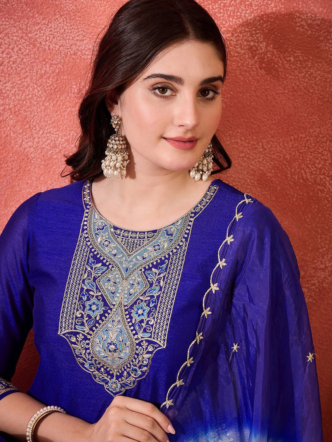 Dhiyona SN Women's Vichitra Zari Sequence Embroidered Straight Kurta & Trousers With Dupatta