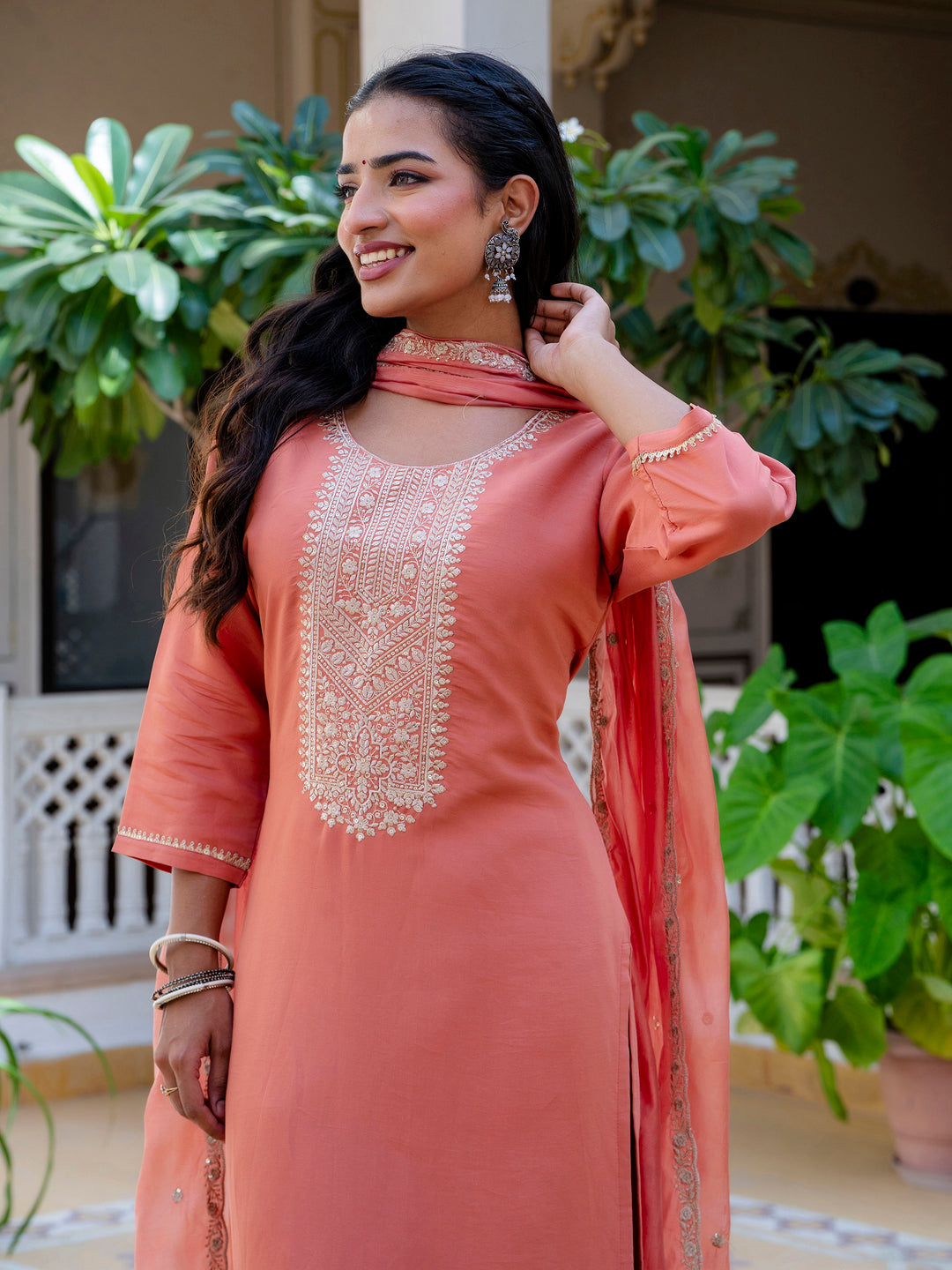 Dhiyona VV Women's Embroidered Silk Blend Calf Length Straight Kurta with Palazzo & Dupatta Set