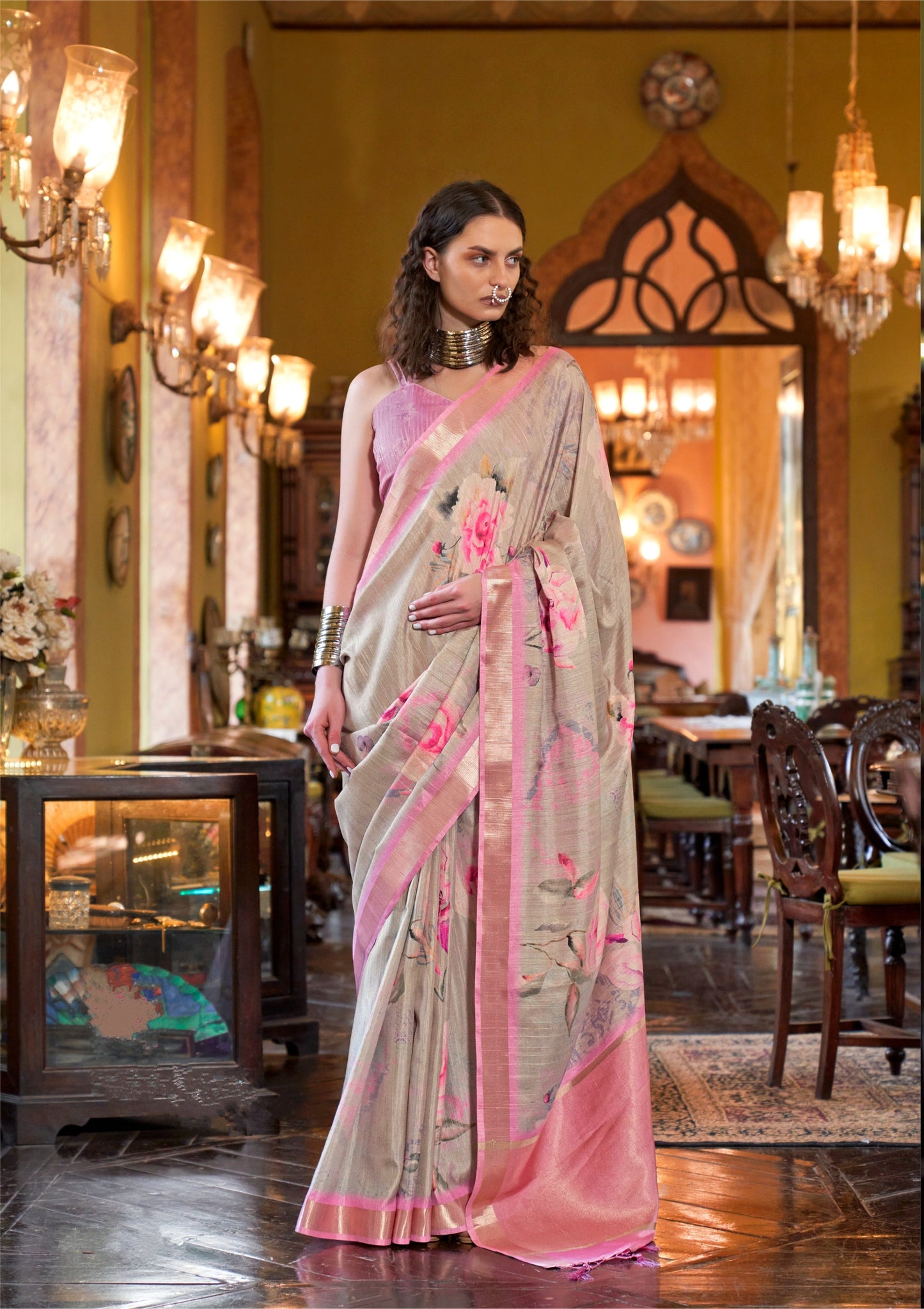 Dhiyona GR Women's Blessing Pink & Grey Banarasi Digital Soft Silk Saree