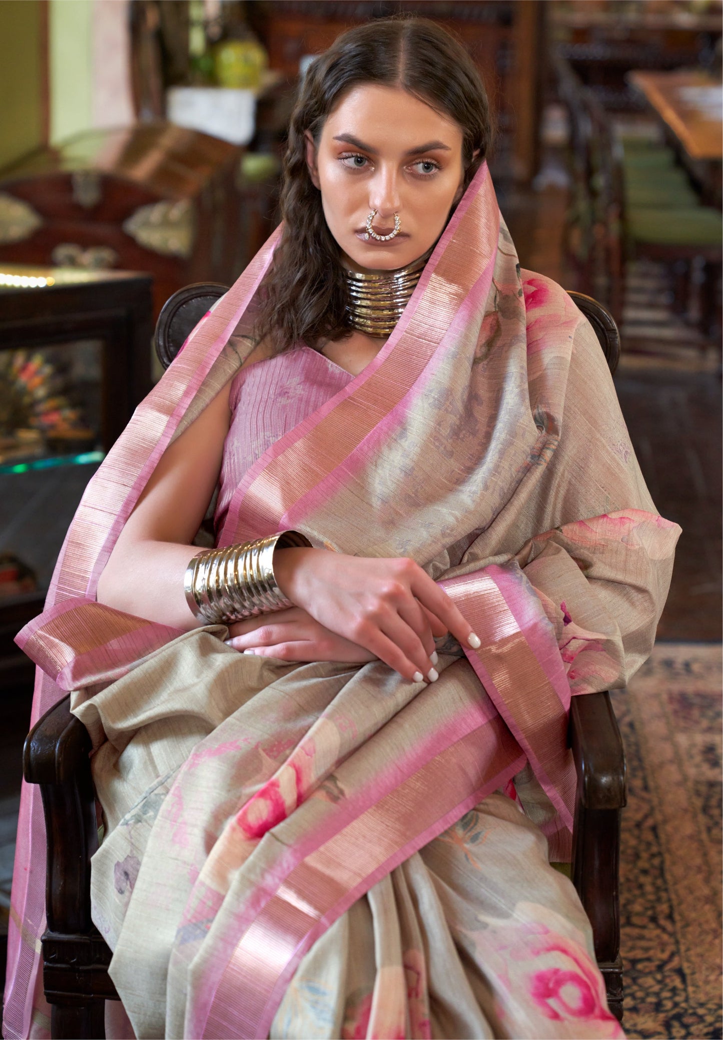 Dhiyona GR Women's Blessing Pink & Grey Banarasi Digital Soft Silk Saree
