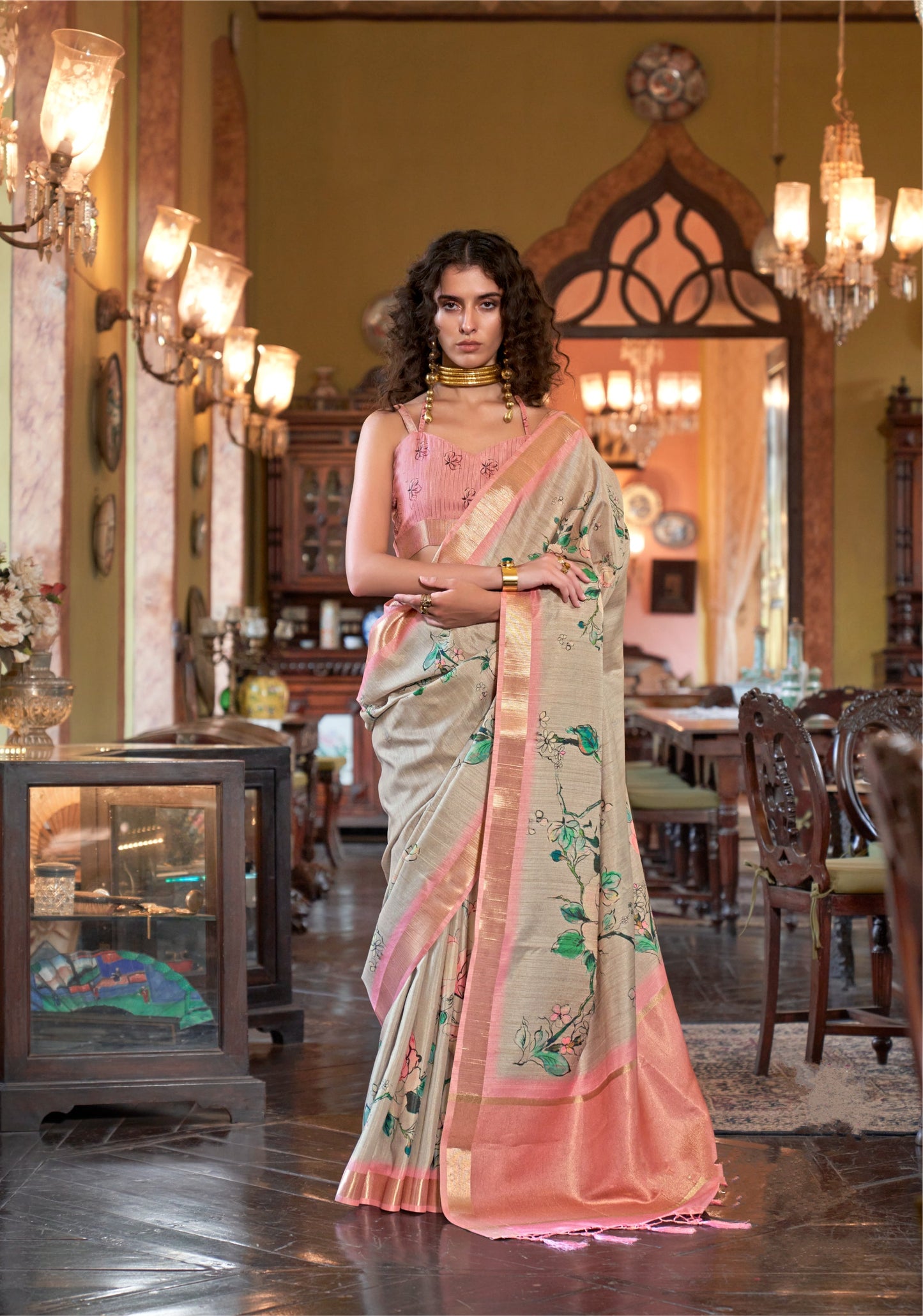 Dhiyona GR Women's Baby Pink & Grey Banarasi Digital Soft Silk Saree