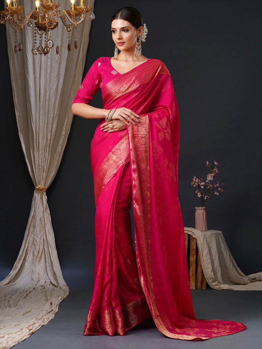 Women's Viscose Pink Woven Design Designer Saree With Blouse Piece
