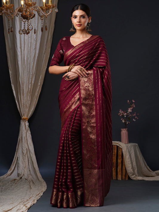 Women's Viscose Burgundy Woven Design Designer Saree With Blouse Piece