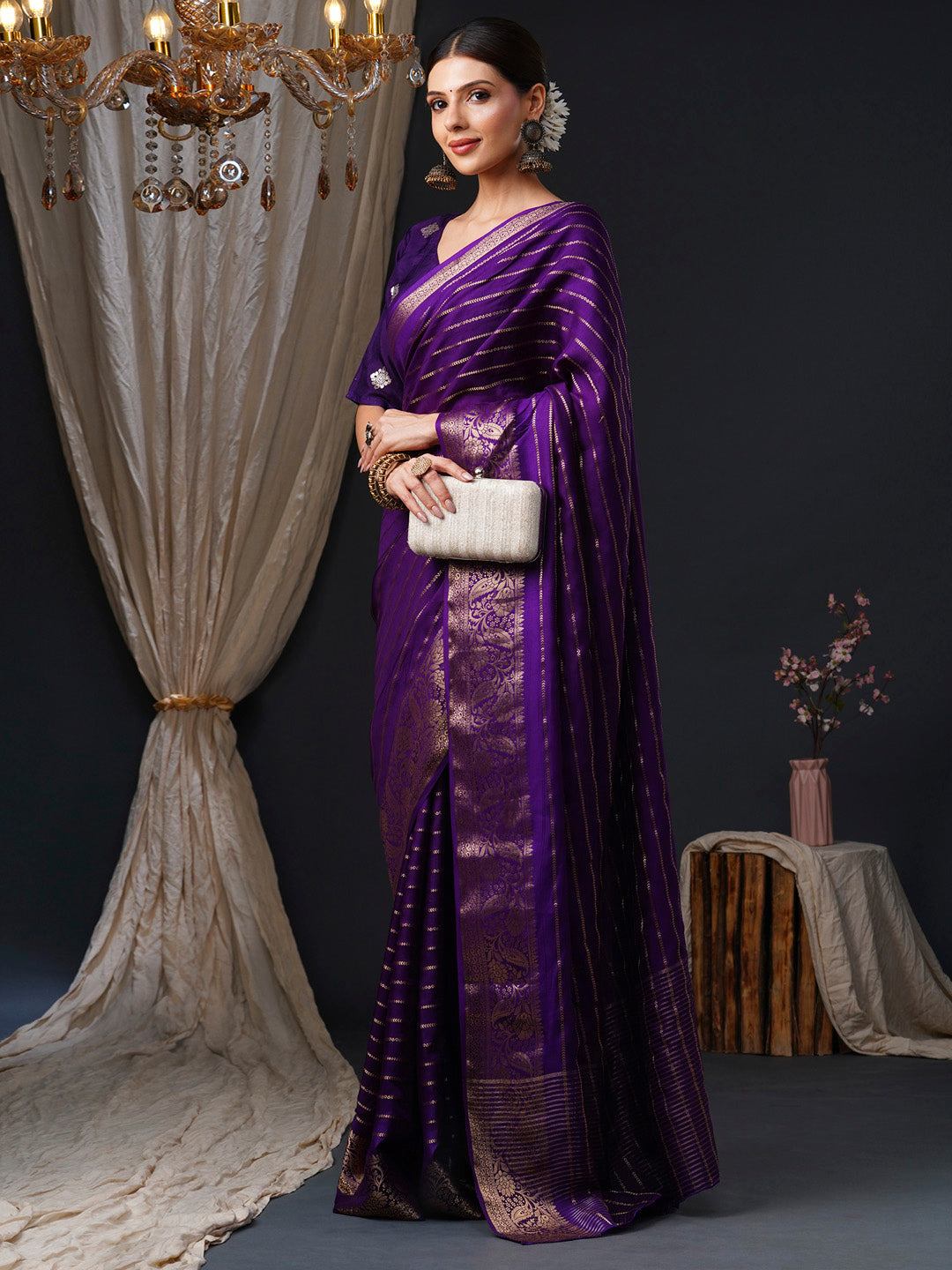 Women's Viscose Purple Woven Design Designer Saree With Blouse Piece