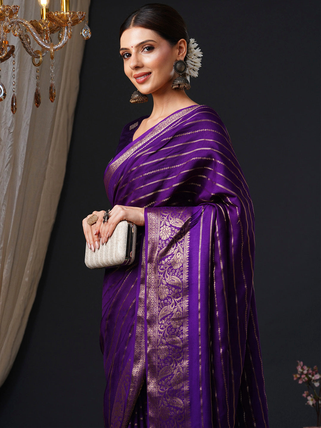 Women's Viscose Purple Woven Design Designer Saree With Blouse Piece
