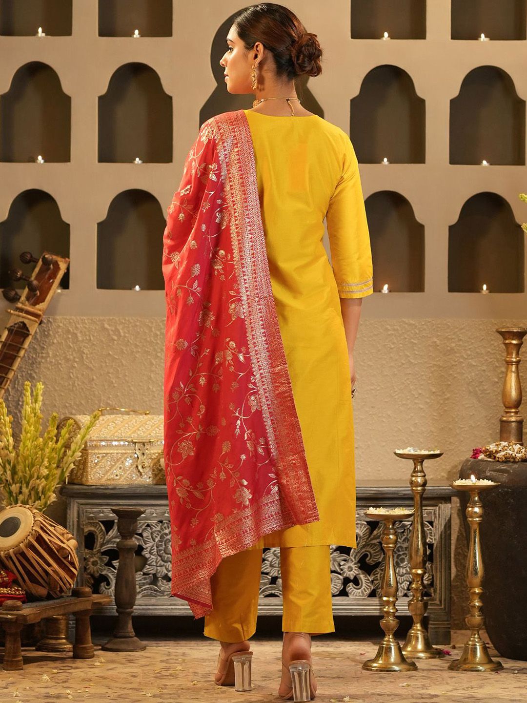 Dhiyona IE Women's Floral Yoke Design Round Neck Zari Straight Kurta & Trousers With Dupatta