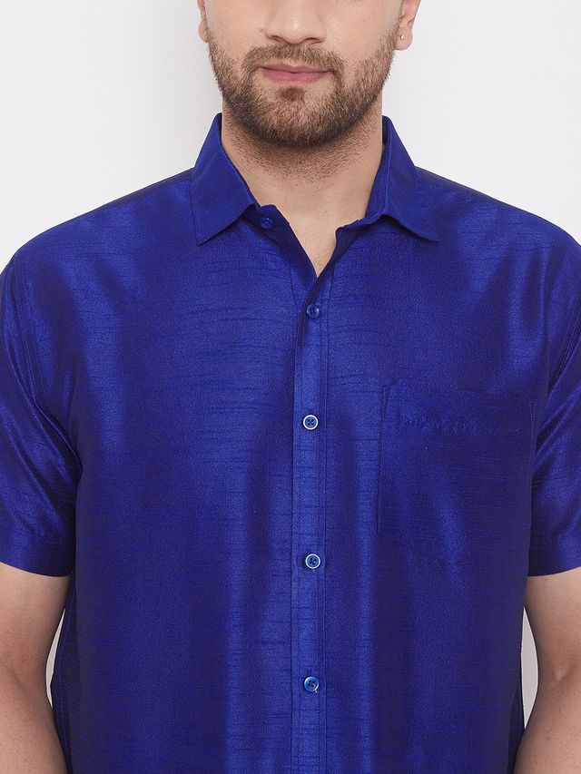 Men's Blue Silk Blend Straight Shirt And Mundu