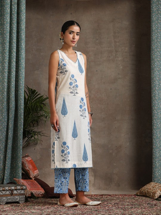 Women's Floral Printed V-Neck Pure Cotton Straight Kurta With Palazzos & Dupatta