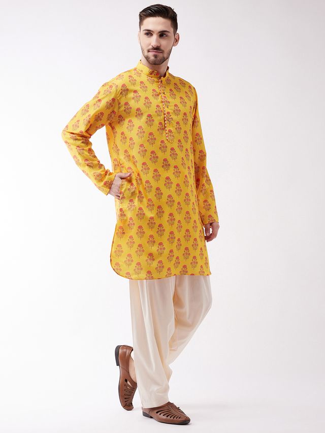 Men's MulticolorBaseMustard Muslin Pathani Kurta and Patiala Set