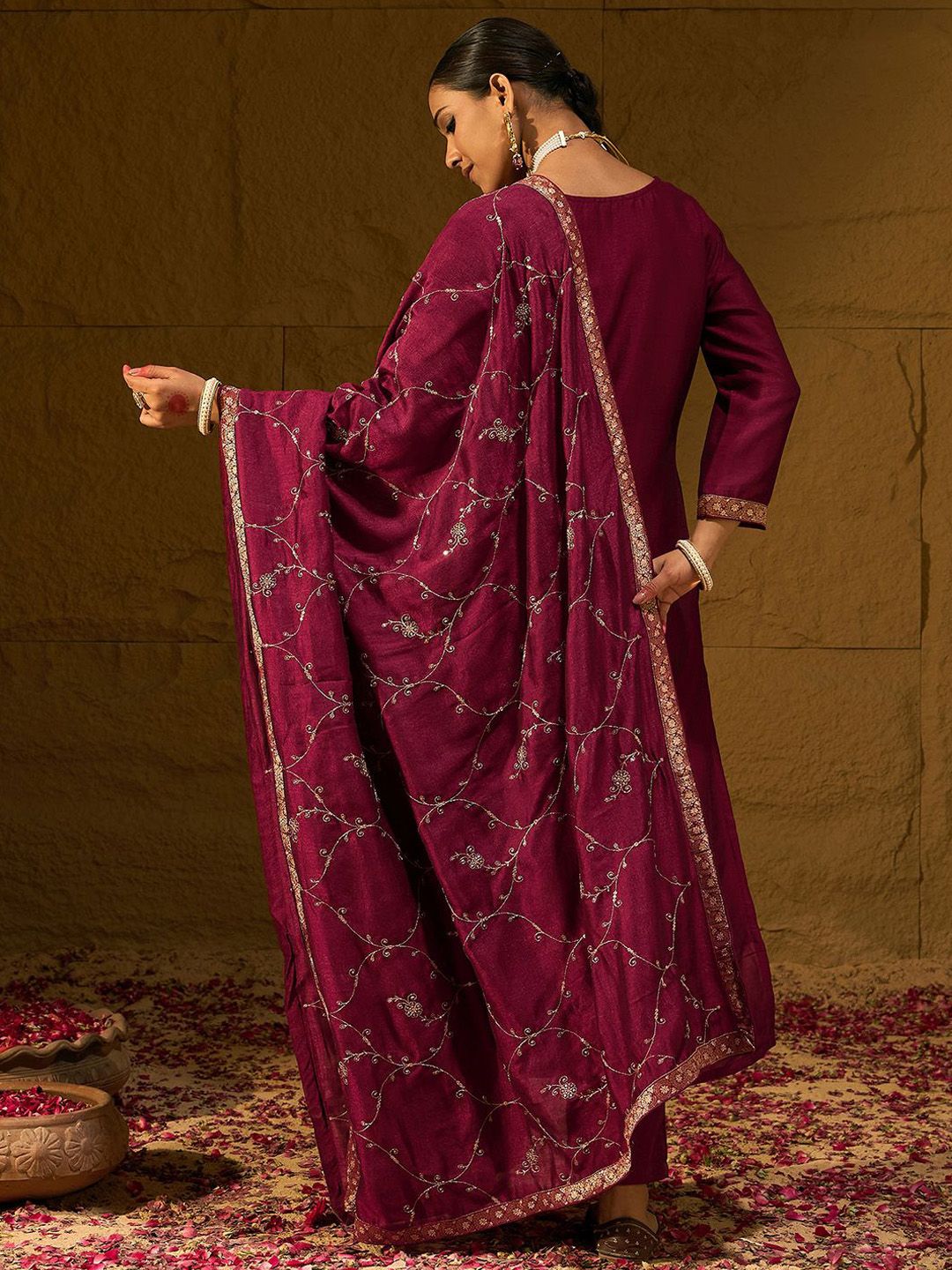 Dhiyona IE Maroon Floral Embroidered V-Neck Straight Kurta with Trousers & Dupatta