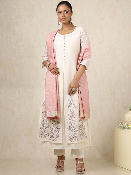 Dhiyona SO Women's Alina Cut Floral Embroidered Thread Work Round Neck Chanderi Silk Kurta With Trousers & Dupatta