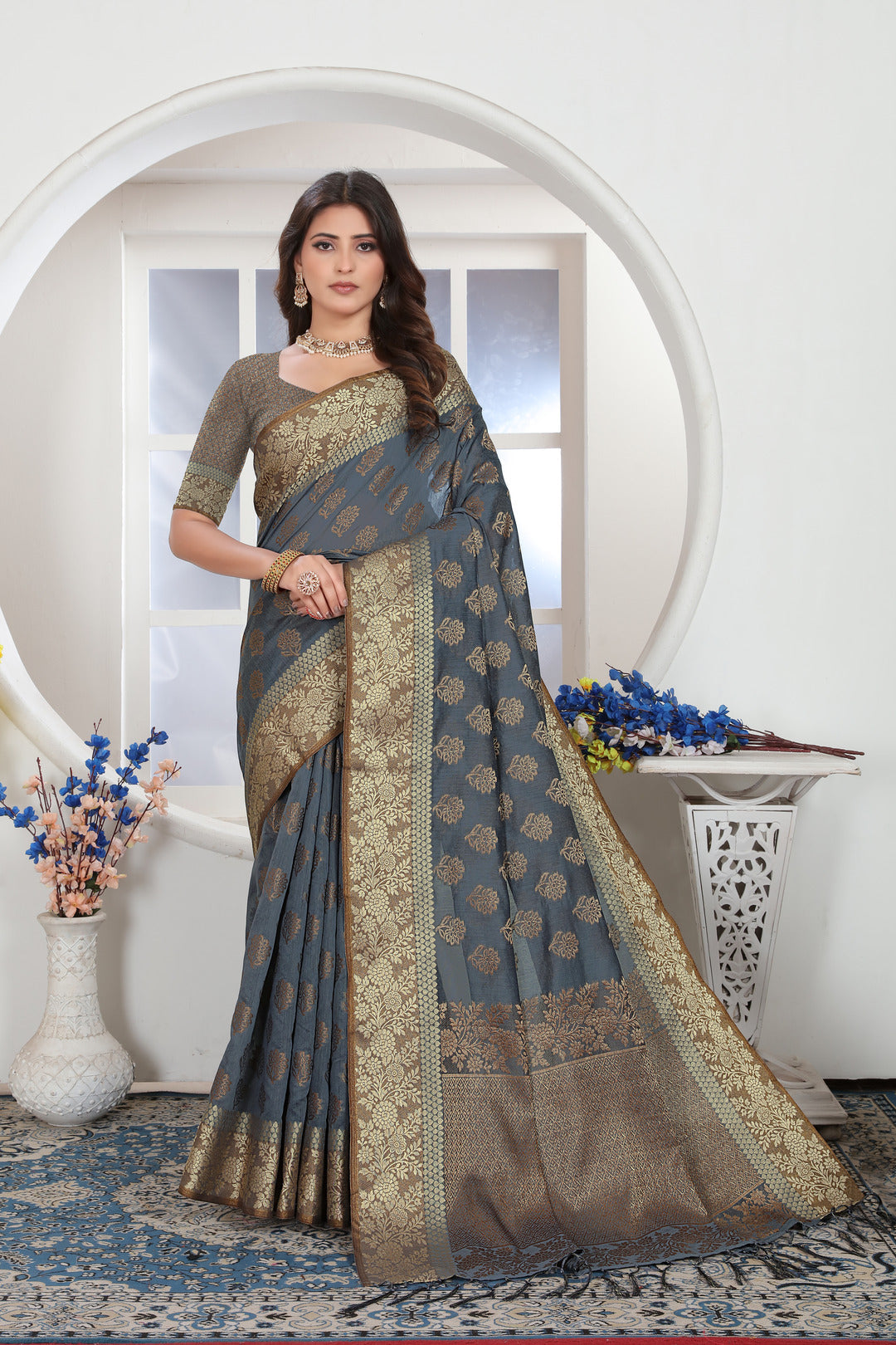 Dhiyona GR Women's Grey Zari Woven Design Chanderi Cotton Saree