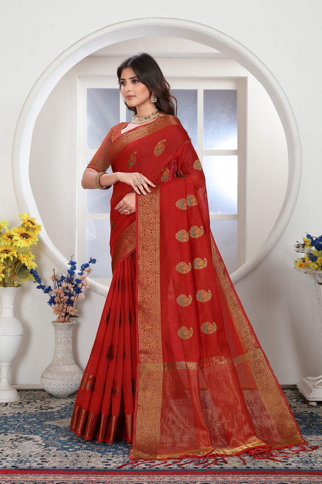 Dhiyona GR Women's Red Zari Woven Design Chanderi Cotton Saree