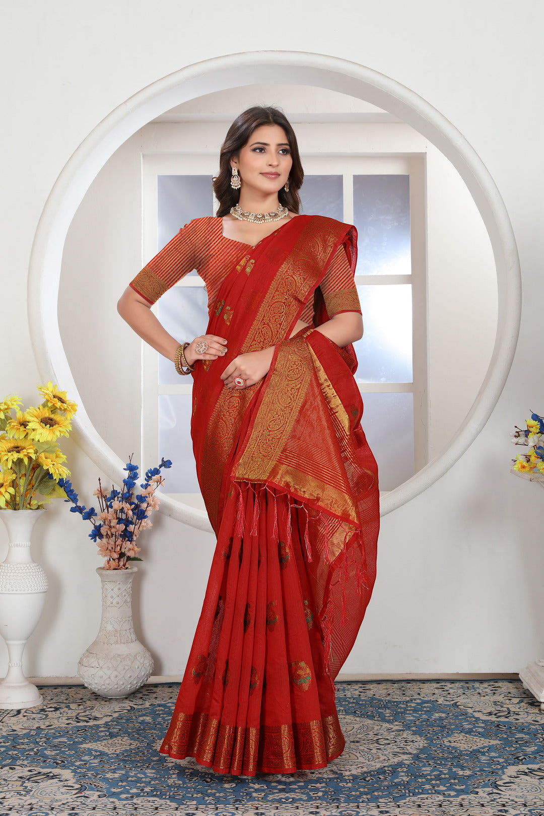 Dhiyona GR Women's Red Zari Woven Design Chanderi Cotton Saree