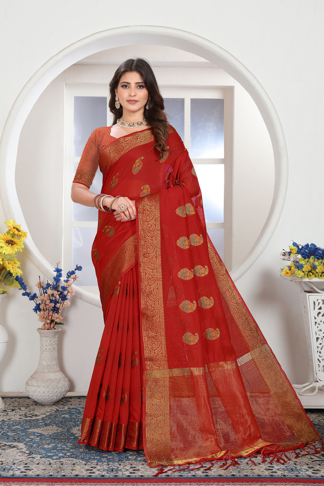 Dhiyona GR Women's Red Zari Woven Design Chanderi Cotton Saree