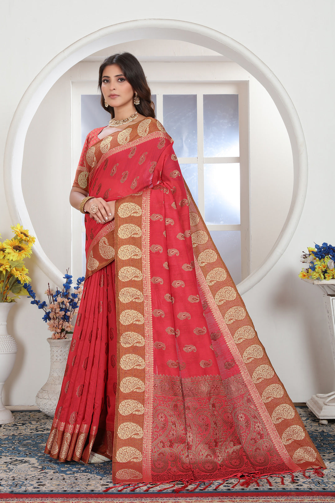 Dhiyona GR Women's Pink Zari Woven Design Chanderi Cotton Saree