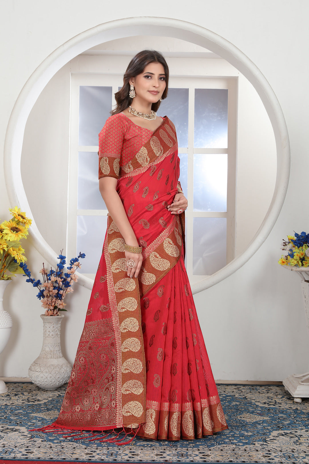Dhiyona GR Women's Pink Zari Woven Design Chanderi Cotton Saree